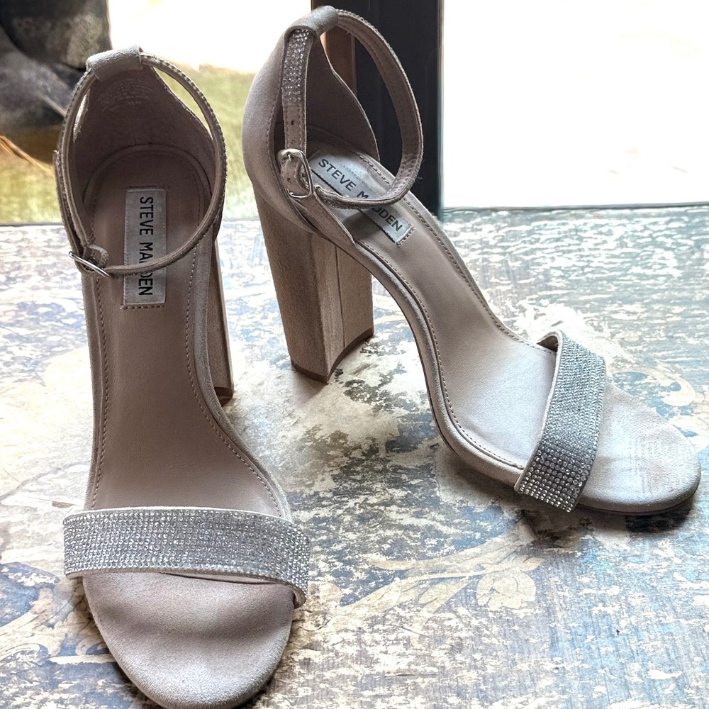 Steve‎ Madden Kalina Rhinestone Block Heel Sandals Nude Size 8